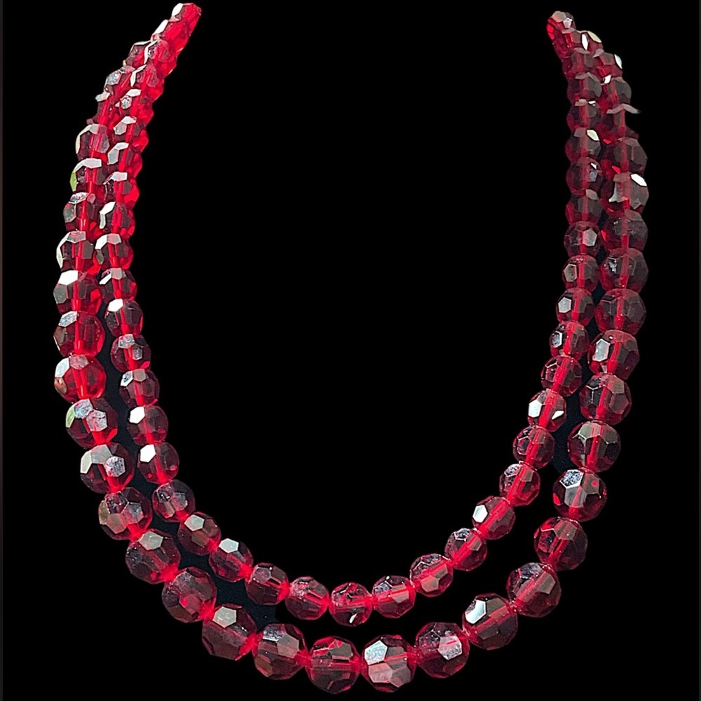 Vintage Austria Signed Red Crystal Double Stranded Bead Necklace